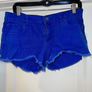 Bright blue distressed jean short